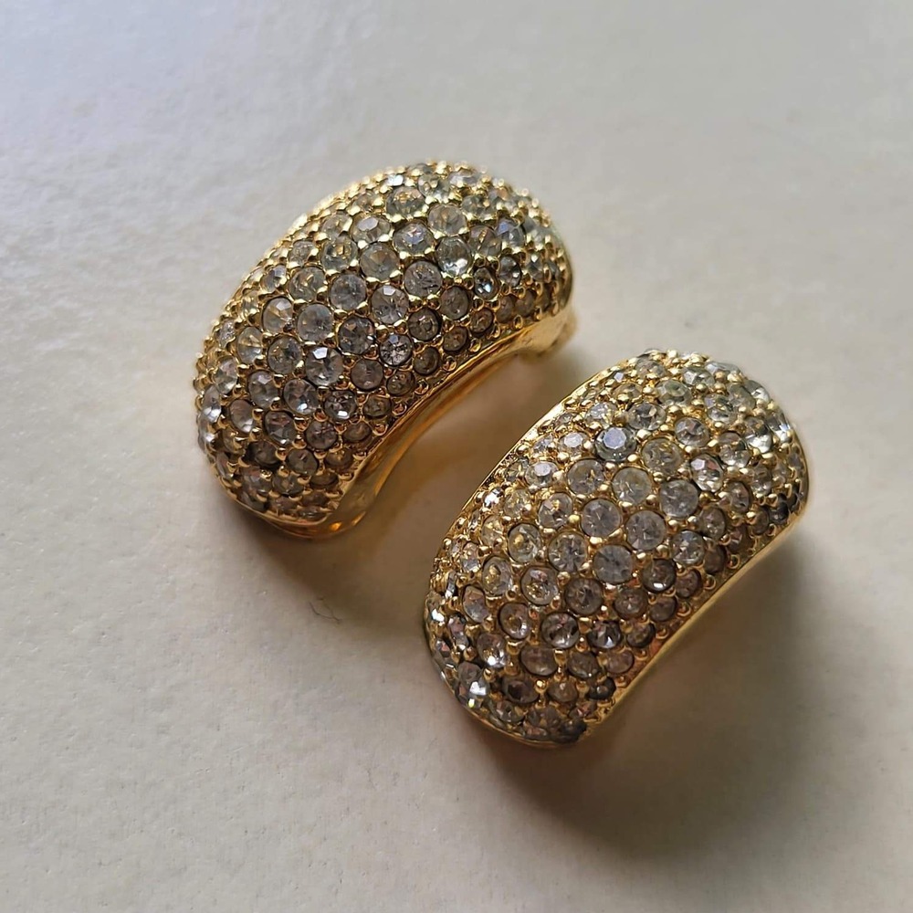 Vintage Christian Dior Gold Tone Rhinestone Clip On Earrings Gold Pave